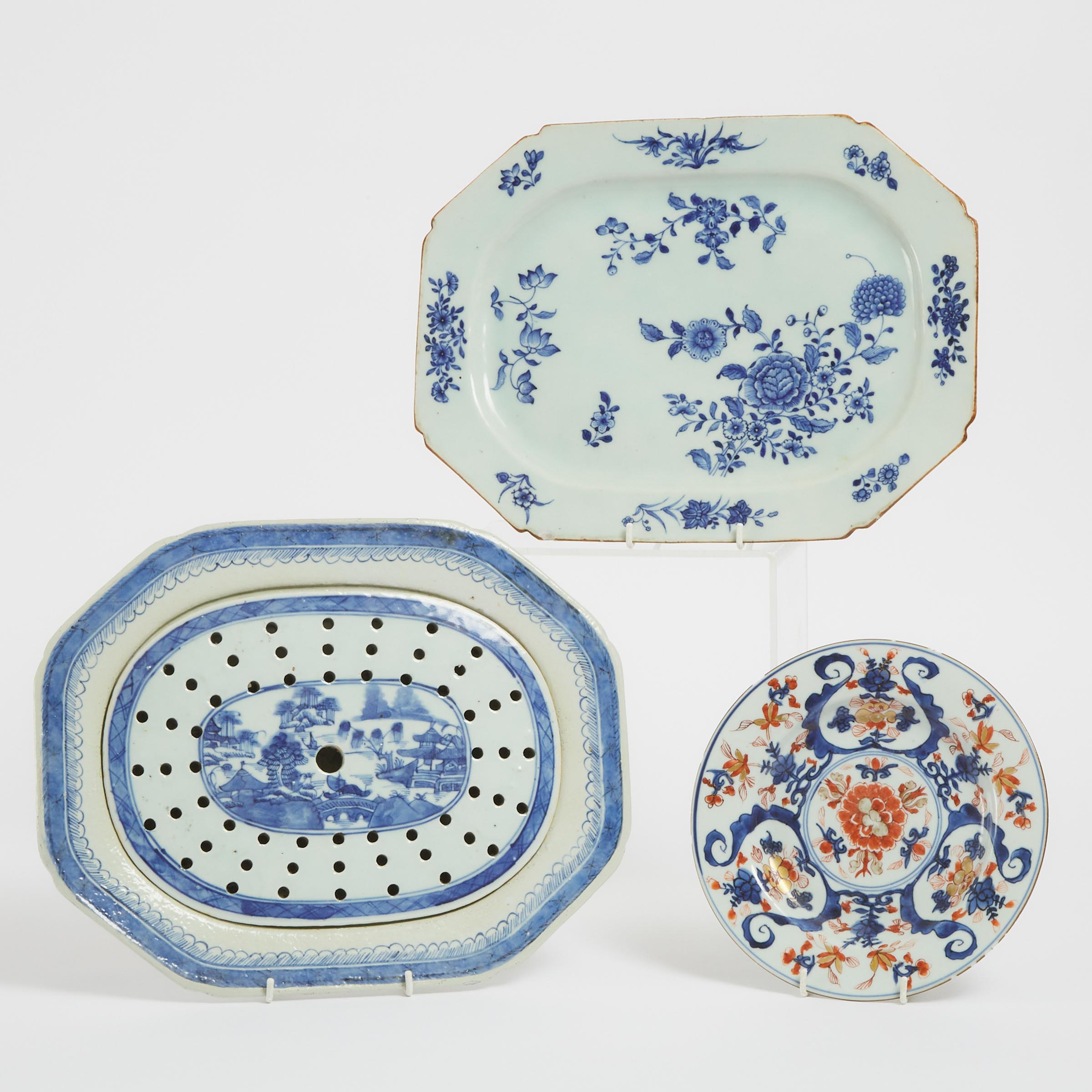A Chinese Export Blue and White Platter, Together With a Meat Dish and Mazarine and an Imari Plate, 18th/19th Century