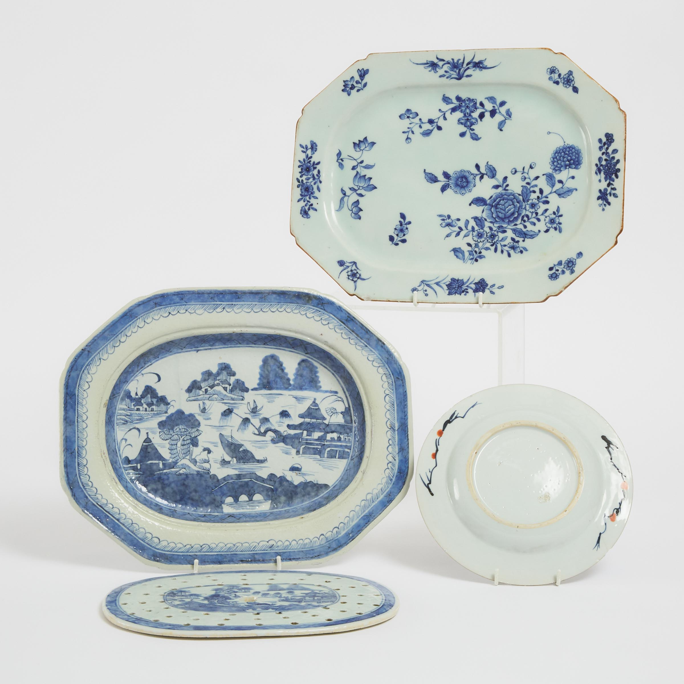 A Chinese Export Blue and White Platter, Together With a Meat Dish and Mazarine and an Imari Plate, 18th/19th Century