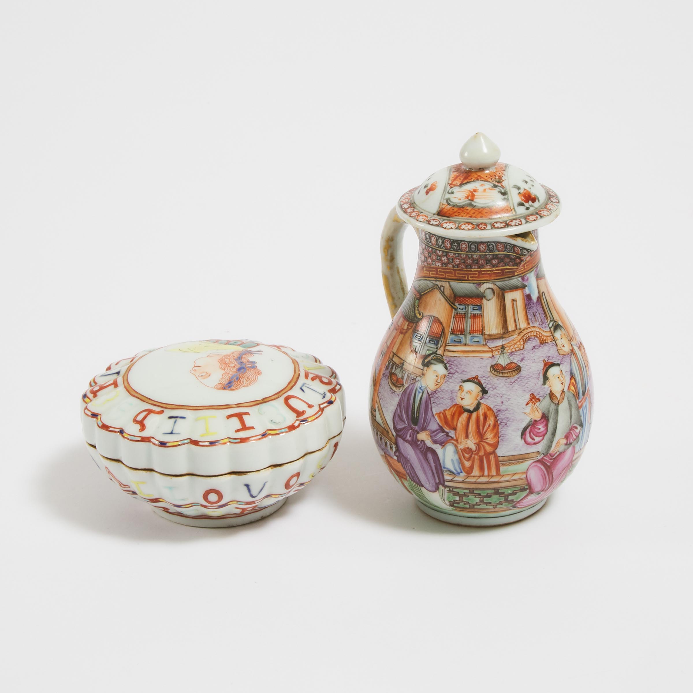 A Chinese Export 'European Subject' Box and Cover, Together With a Famille Rose 'Figural' Teapot, 18th Century