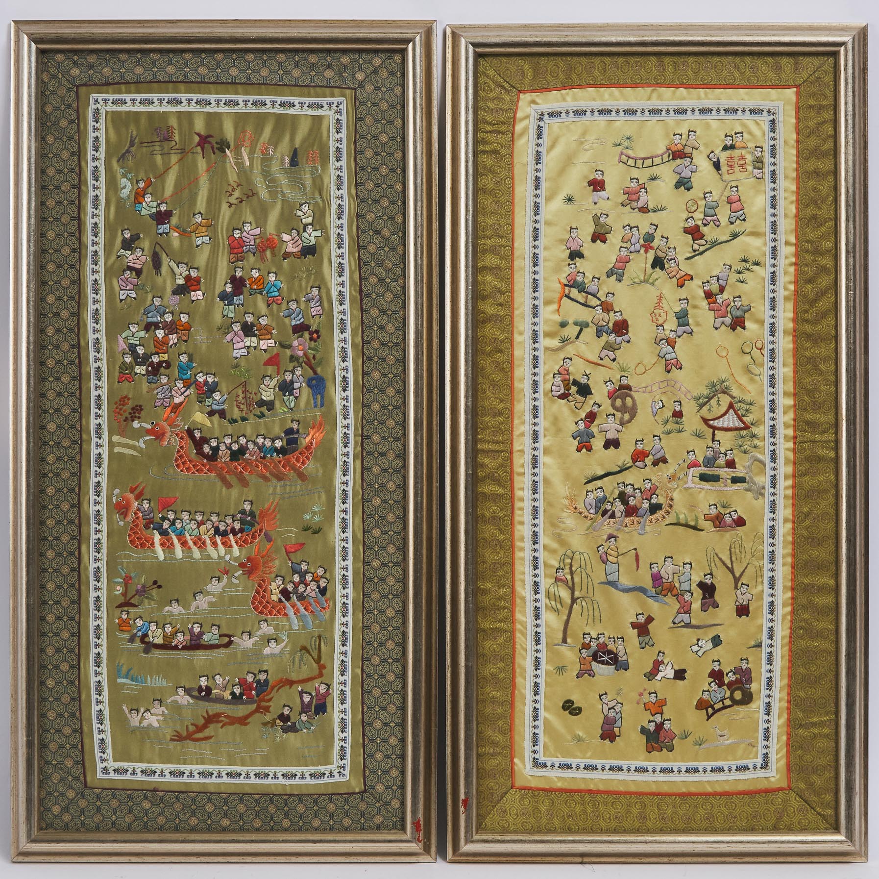 Two Framed Chinese Embroidered 'Hundred Boys' Panels, 20th Century