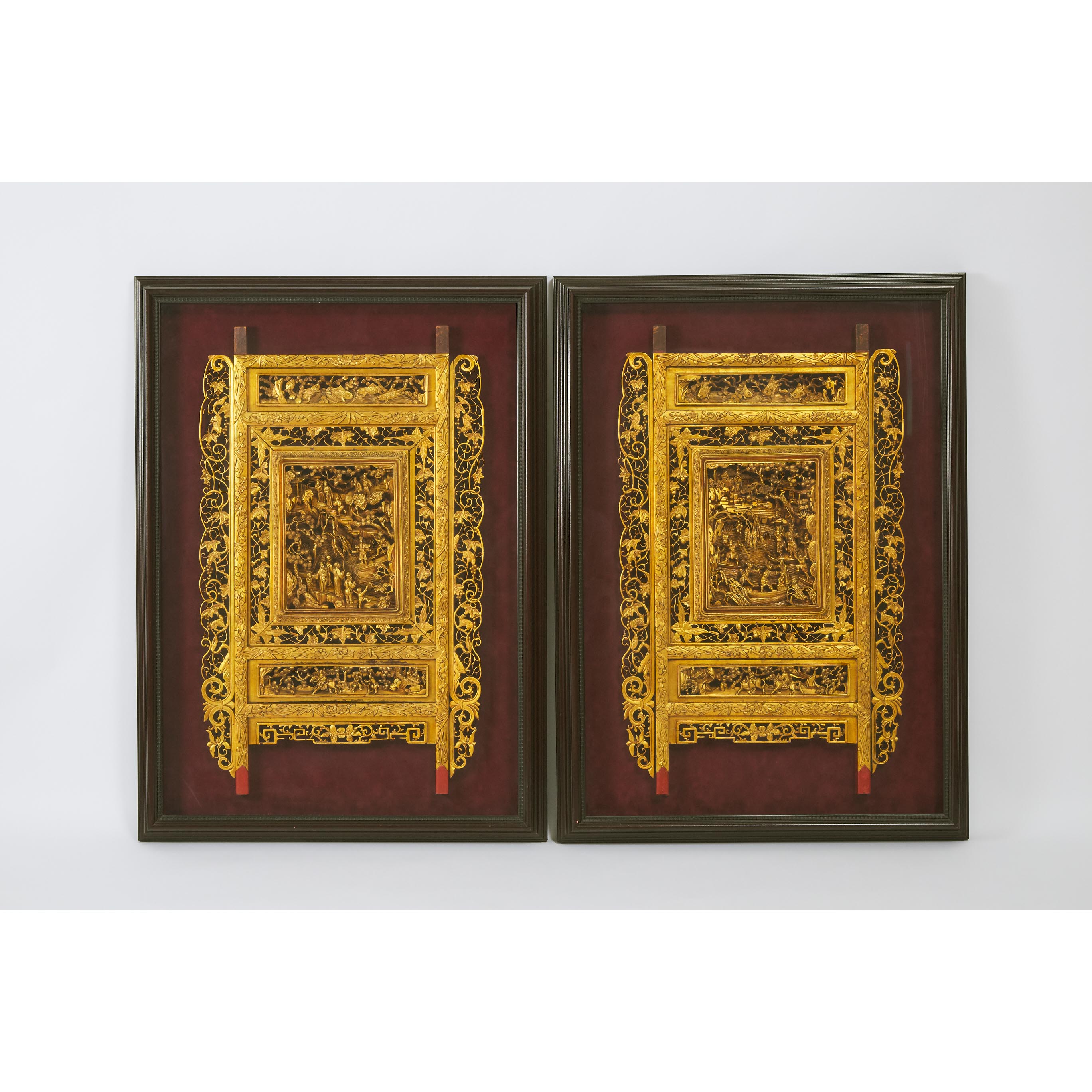 A Pair of Large Framed Chinese Gilt Wood Temple Carvings, 19th Century