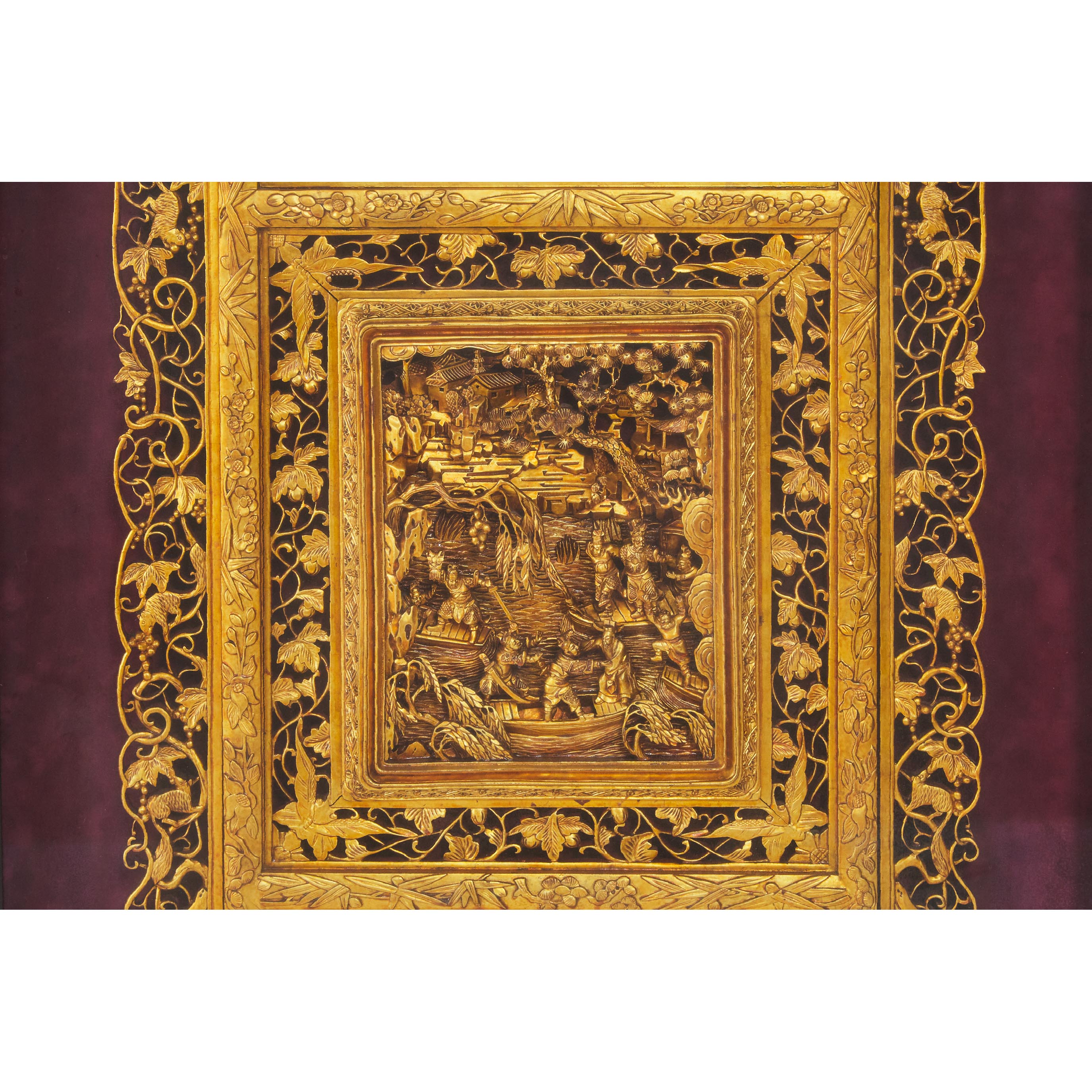 A Pair of Large Framed Chinese Gilt Wood Temple Carvings, 19th Century