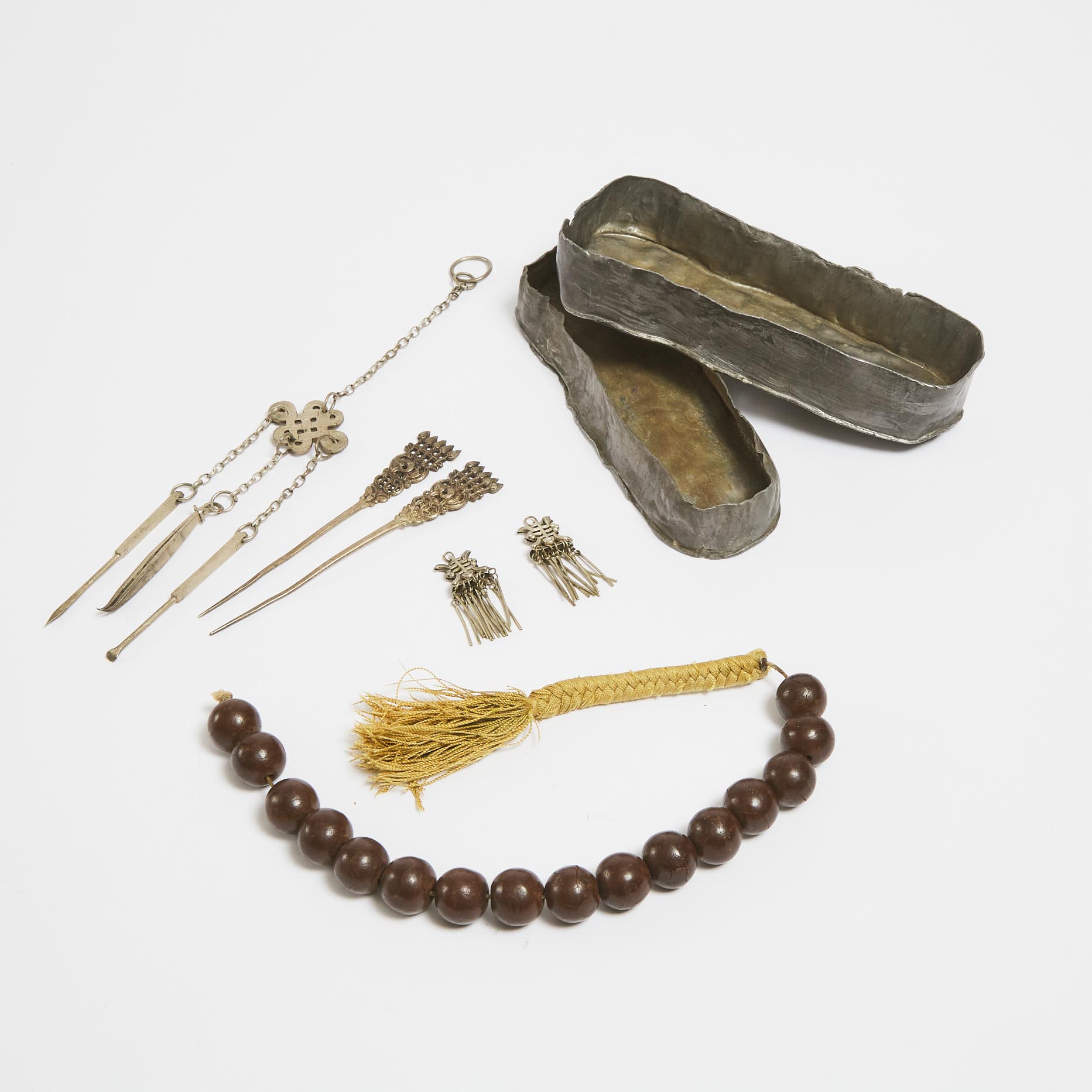 A Group of Six Chinese Pewter Items, Together With a String of Composite Beads, Late Qing Dynasty, 19th Century