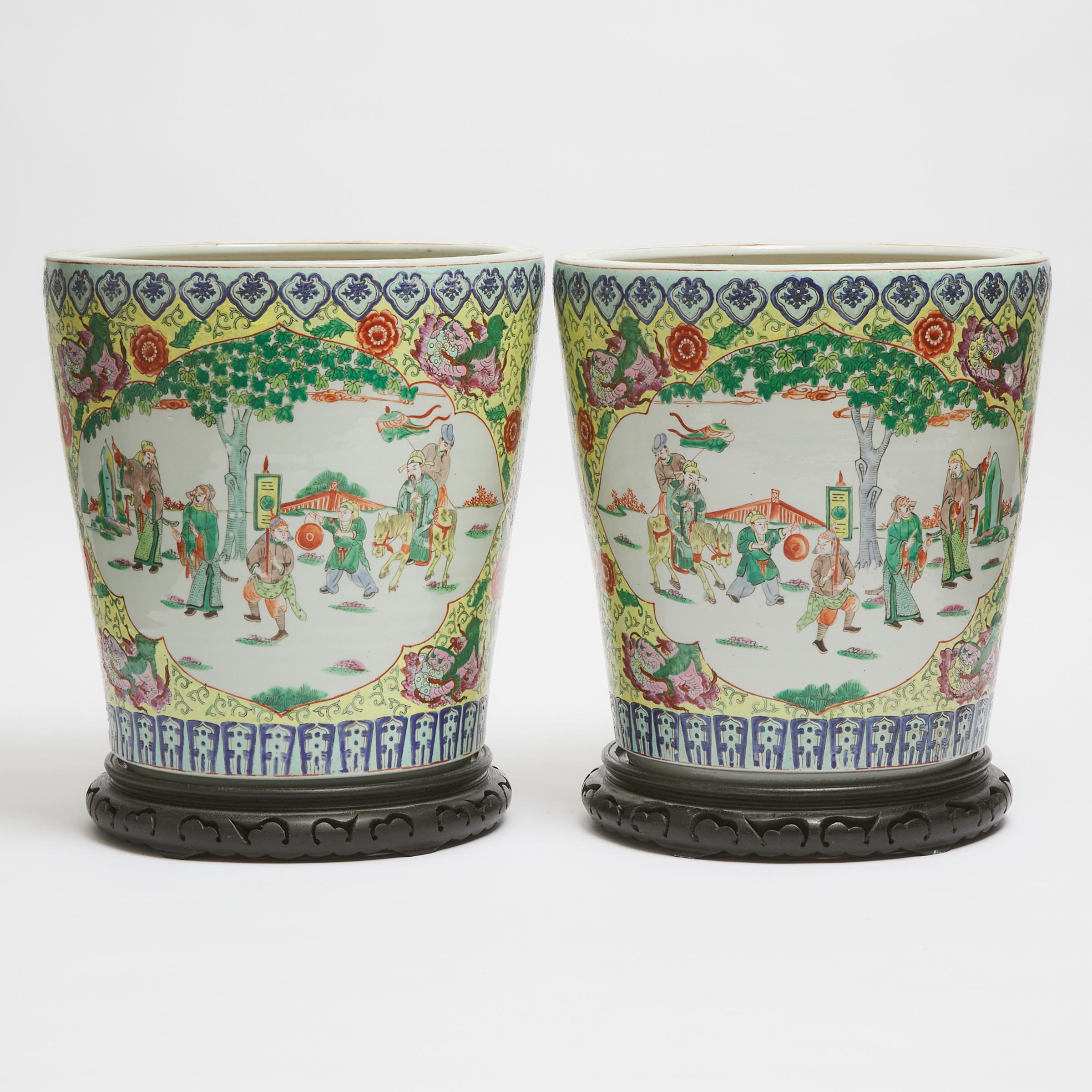 A Pair of Large Chinese Yellow-Ground Famille Rose Jardinieres, Mid 20th Century