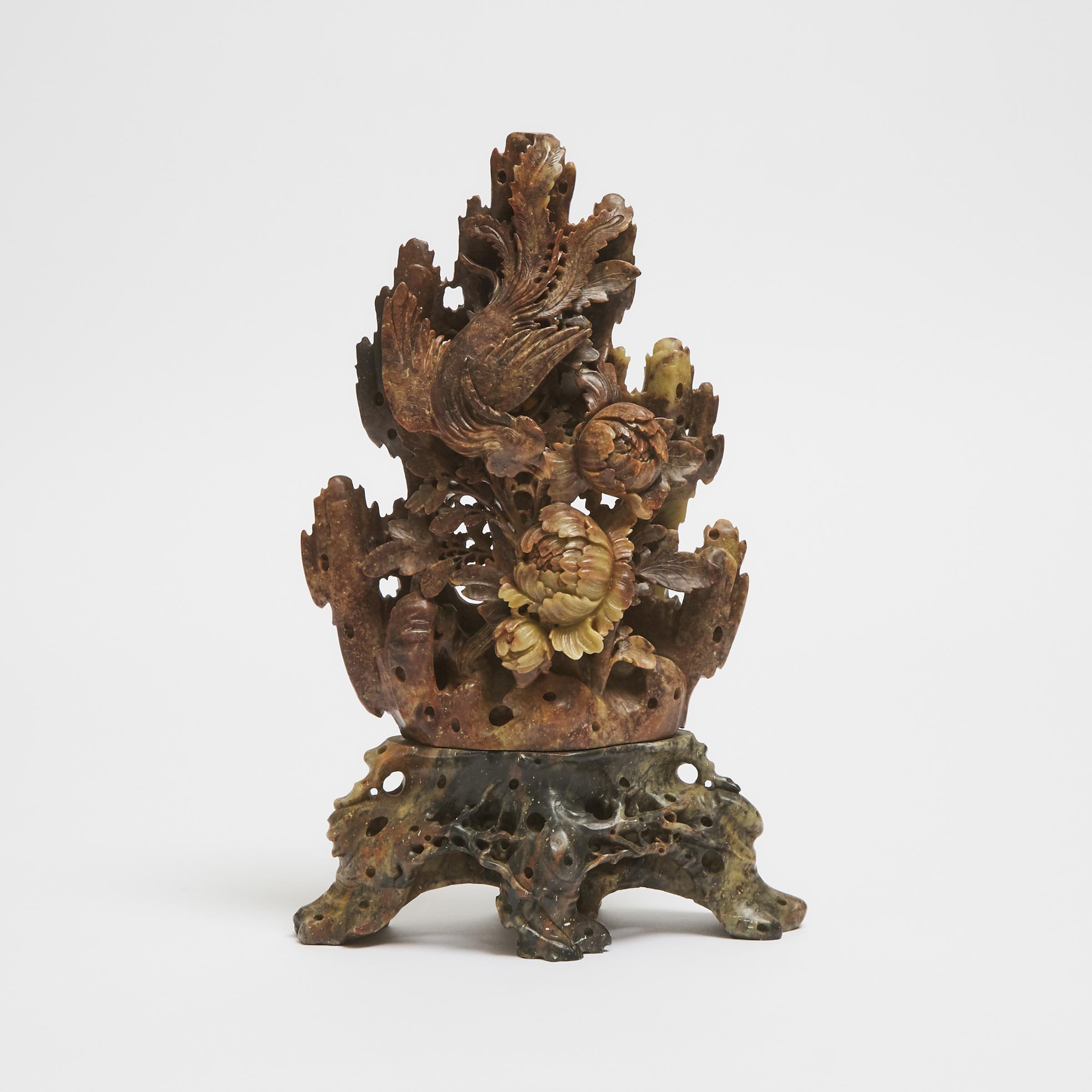 A Chinese Soapstone 'Phoenix and Peonies' Carving, Early 20th Century
