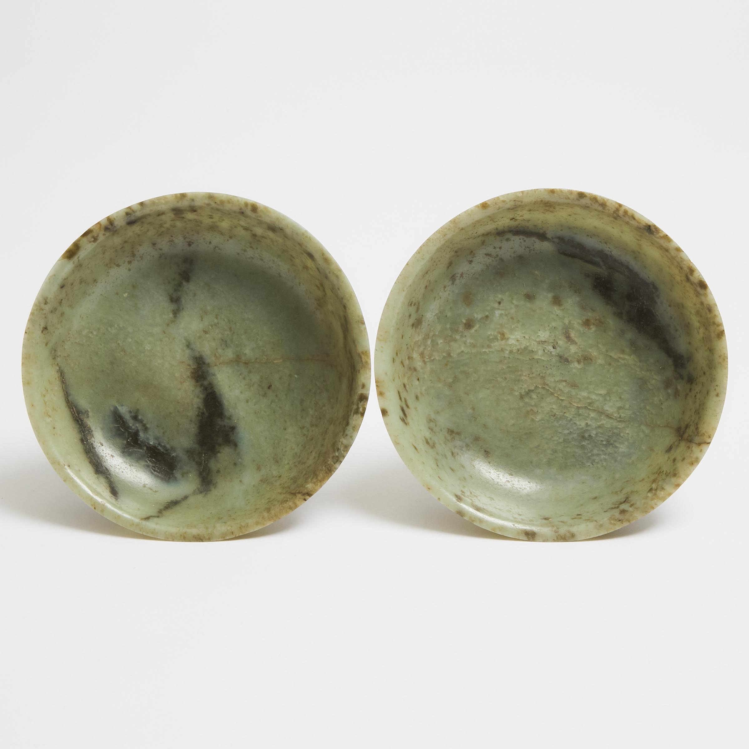 A Pair of Mottled Celadon Jade Bowls, Jiaqing Mark, Early 20th Century 