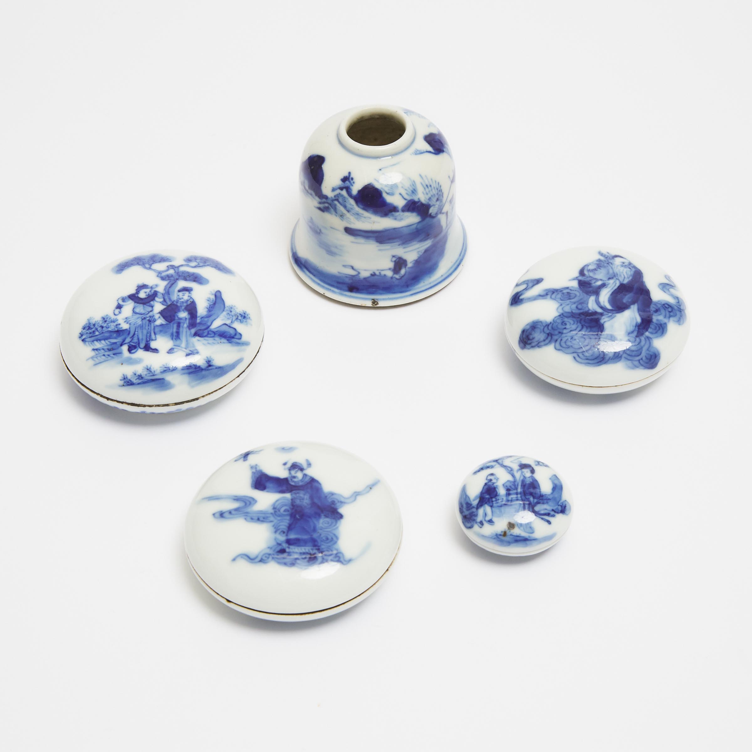 A Group of Four Blue and White Seal Paste Boxes, Together With a Water Pot, Late 19th Century