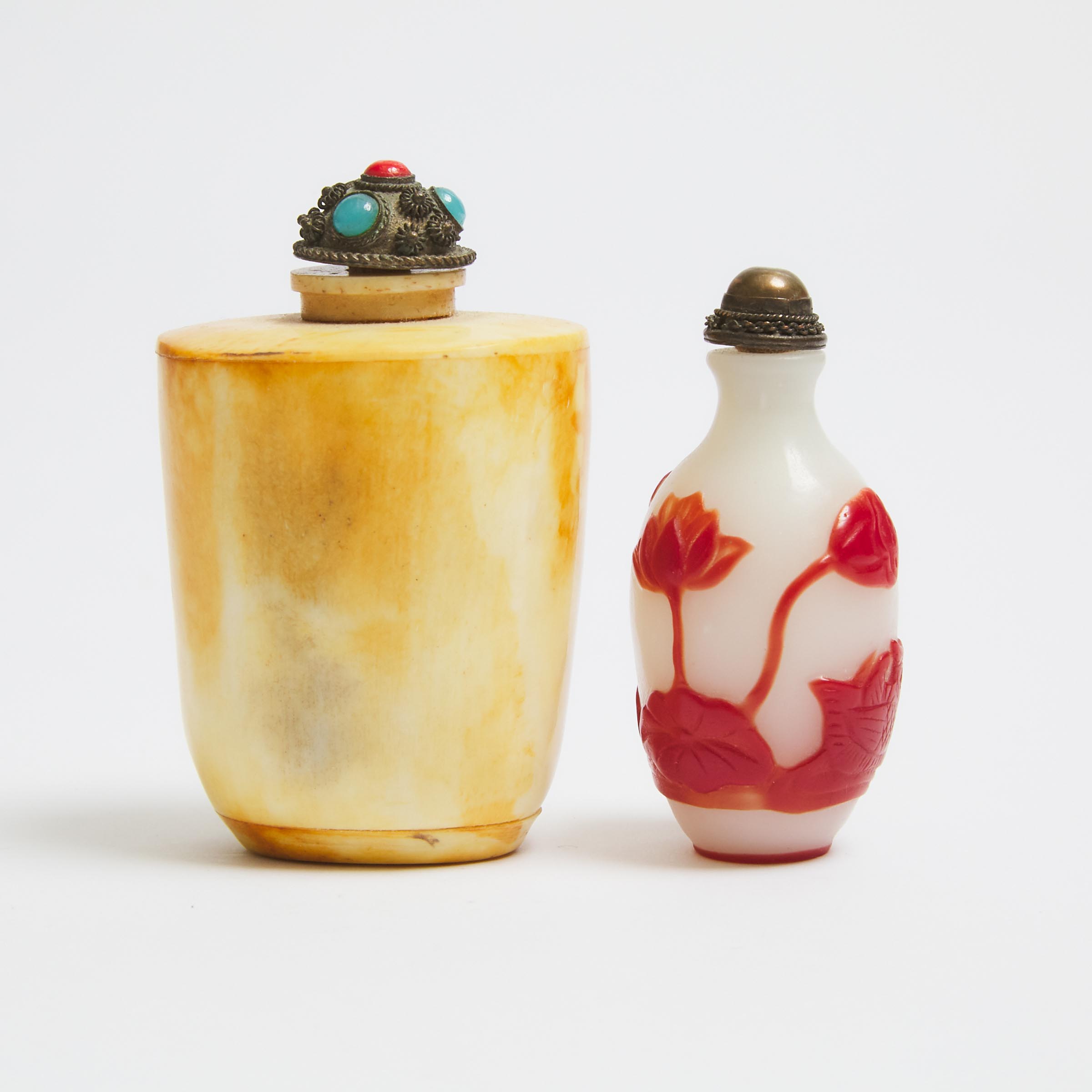 A Red Overlay 'Mandarin Duck' Peking Glass Snuff Bottle, Together With a Bone Carved Snuff Bottle
