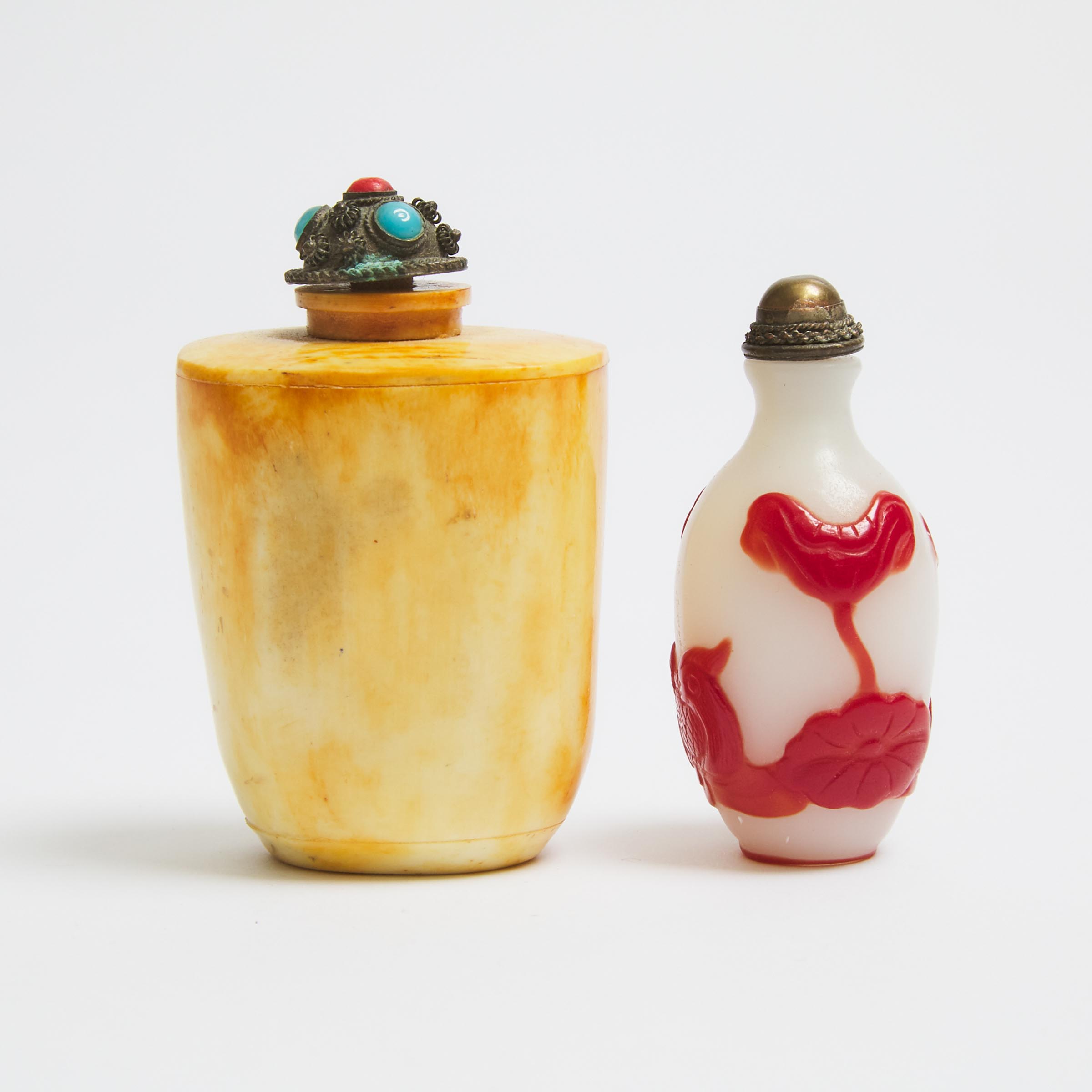 A Red Overlay 'Mandarin Duck' Peking Glass Snuff Bottle, Together With a Bone Carved Snuff Bottle