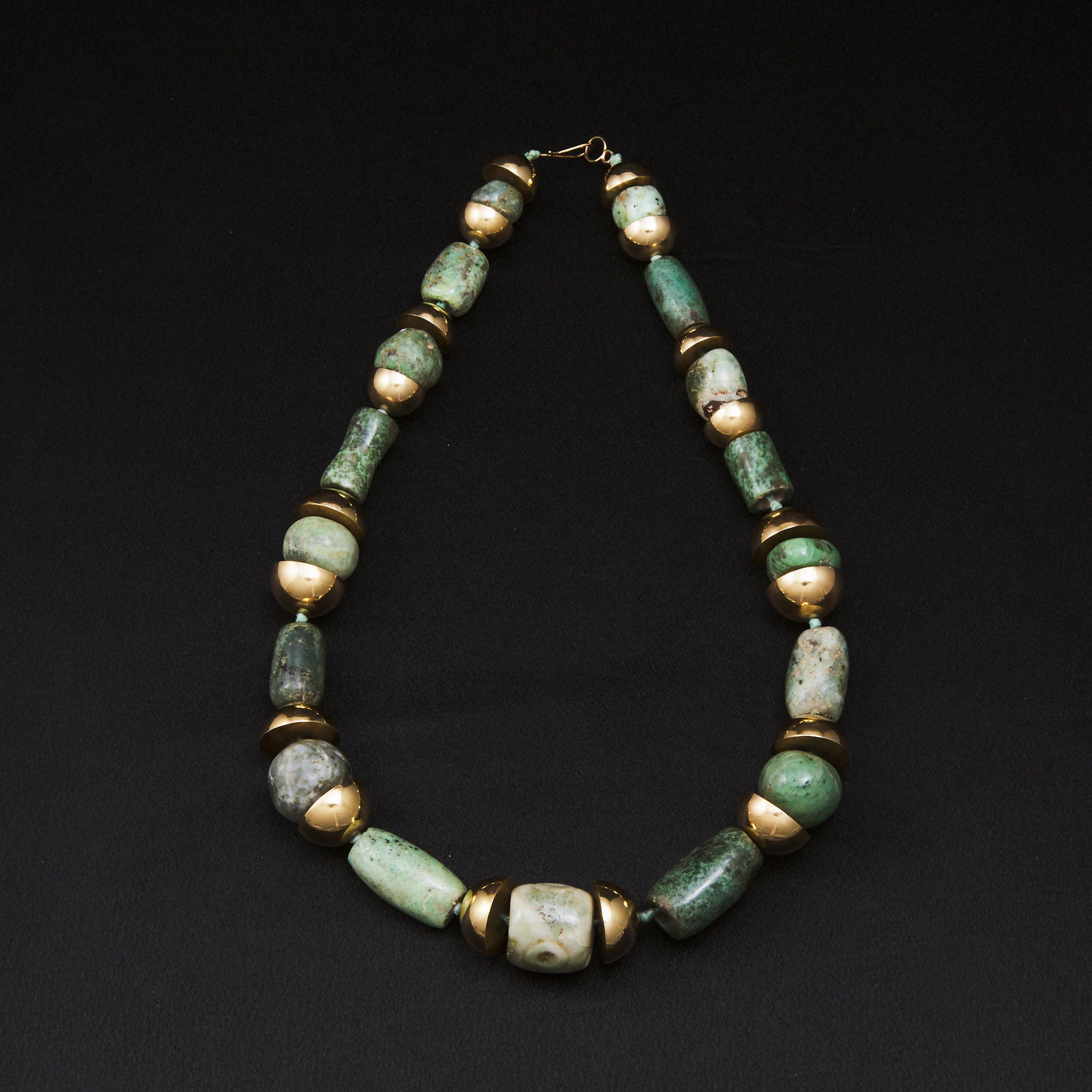 An Ancient Jadeite Beaded Necklace, Pre-Columbian, 5th Century, With 14K Yellow Gold Spacers, Circa 1970