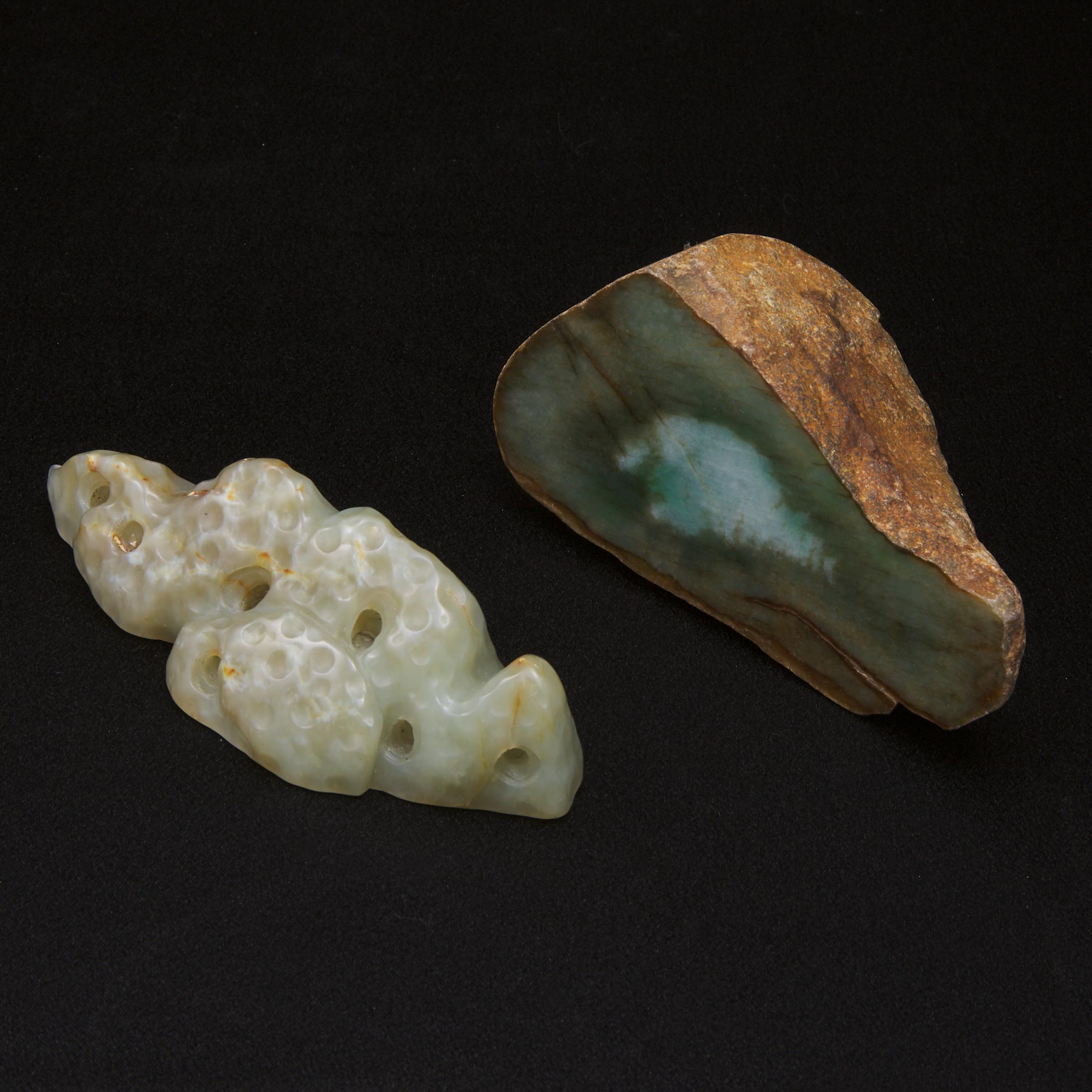 A Celadon Jade Mountain-Form Brush Rest, Together With a Raw Jadeite Paperweight