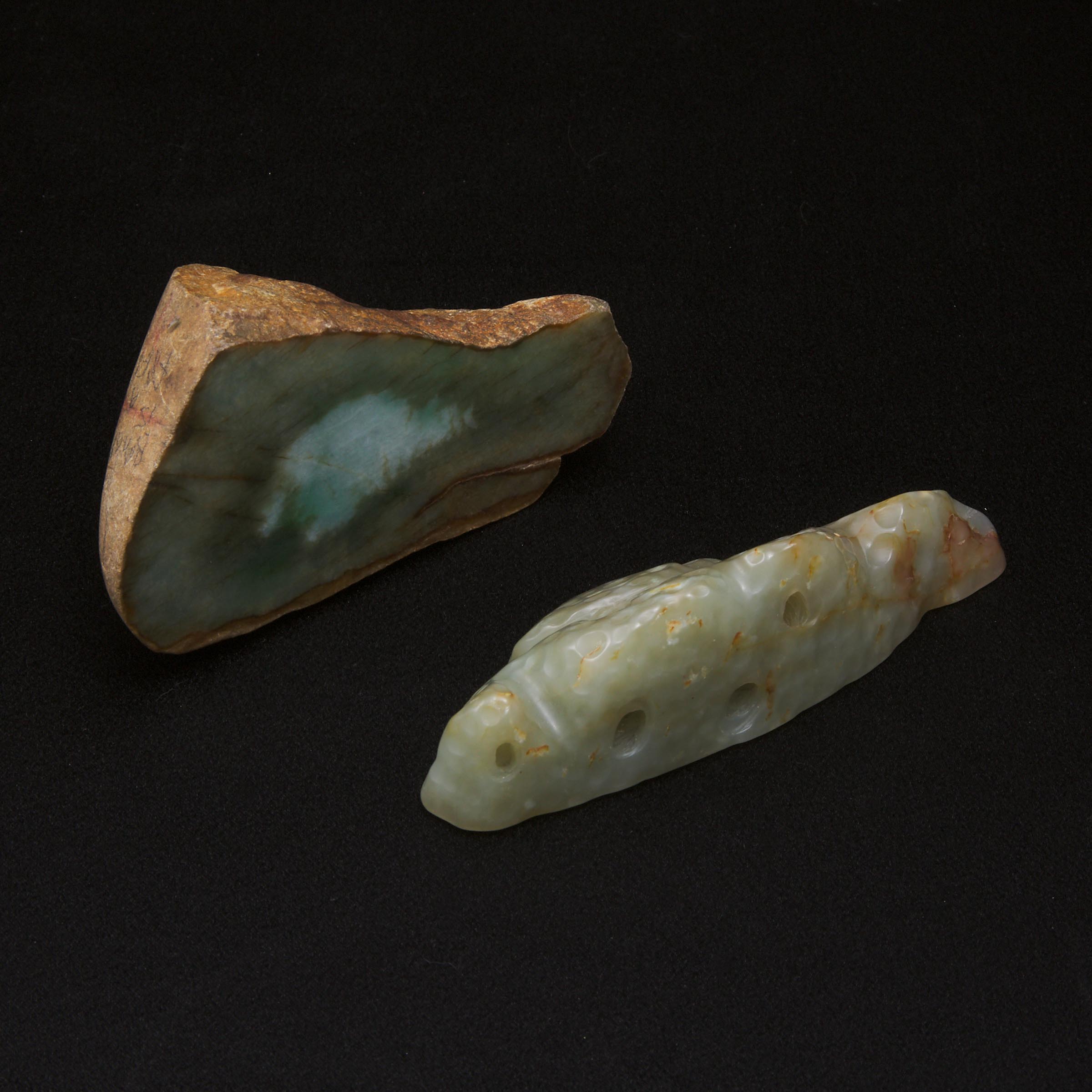 A Celadon Jade Mountain-Form Brush Rest, Together With a Raw Jadeite Paperweight