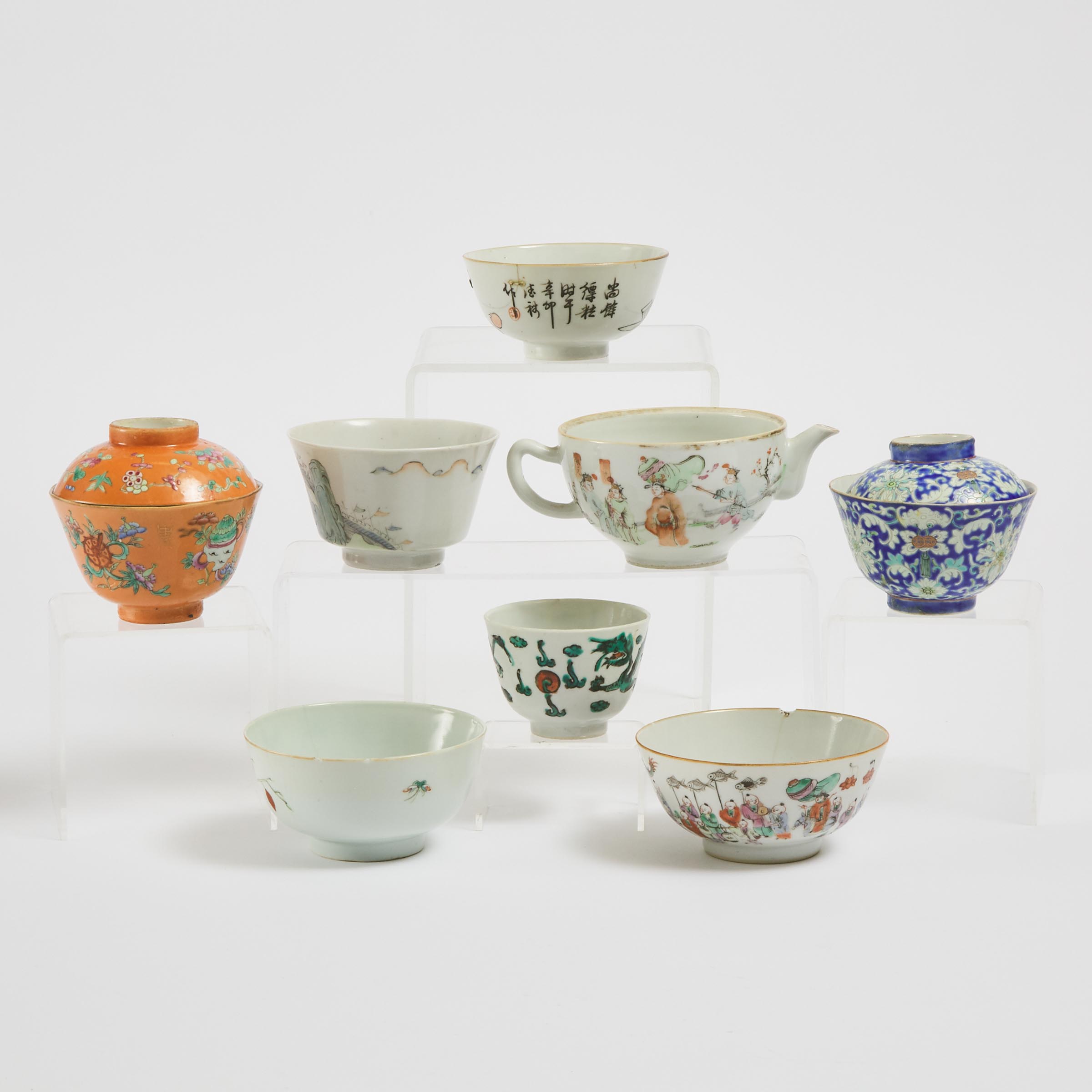 A Group of Eight Famille Rose Wares, Late Qing Dynasty