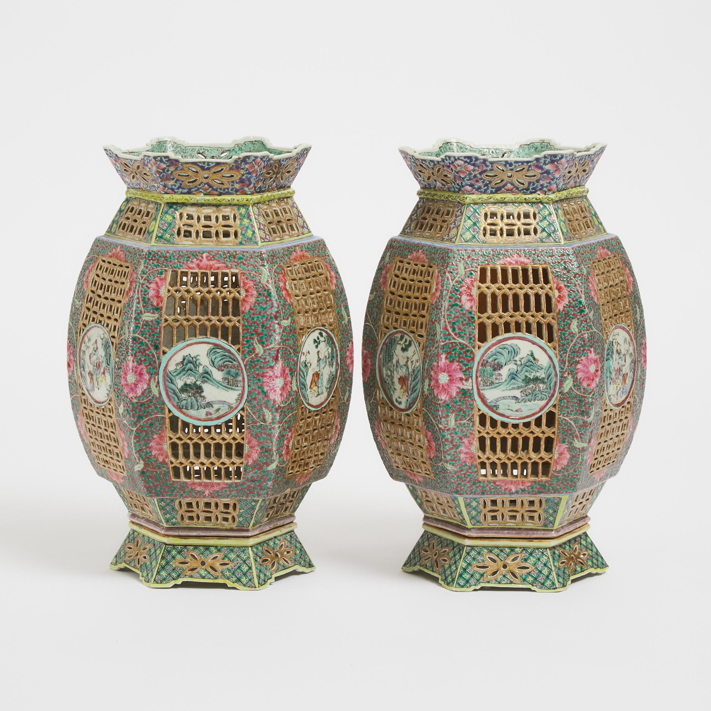 A Pair of Chinese Export Canton Famille Rose Reticulated Lanterns and Stands, Early 19th Century