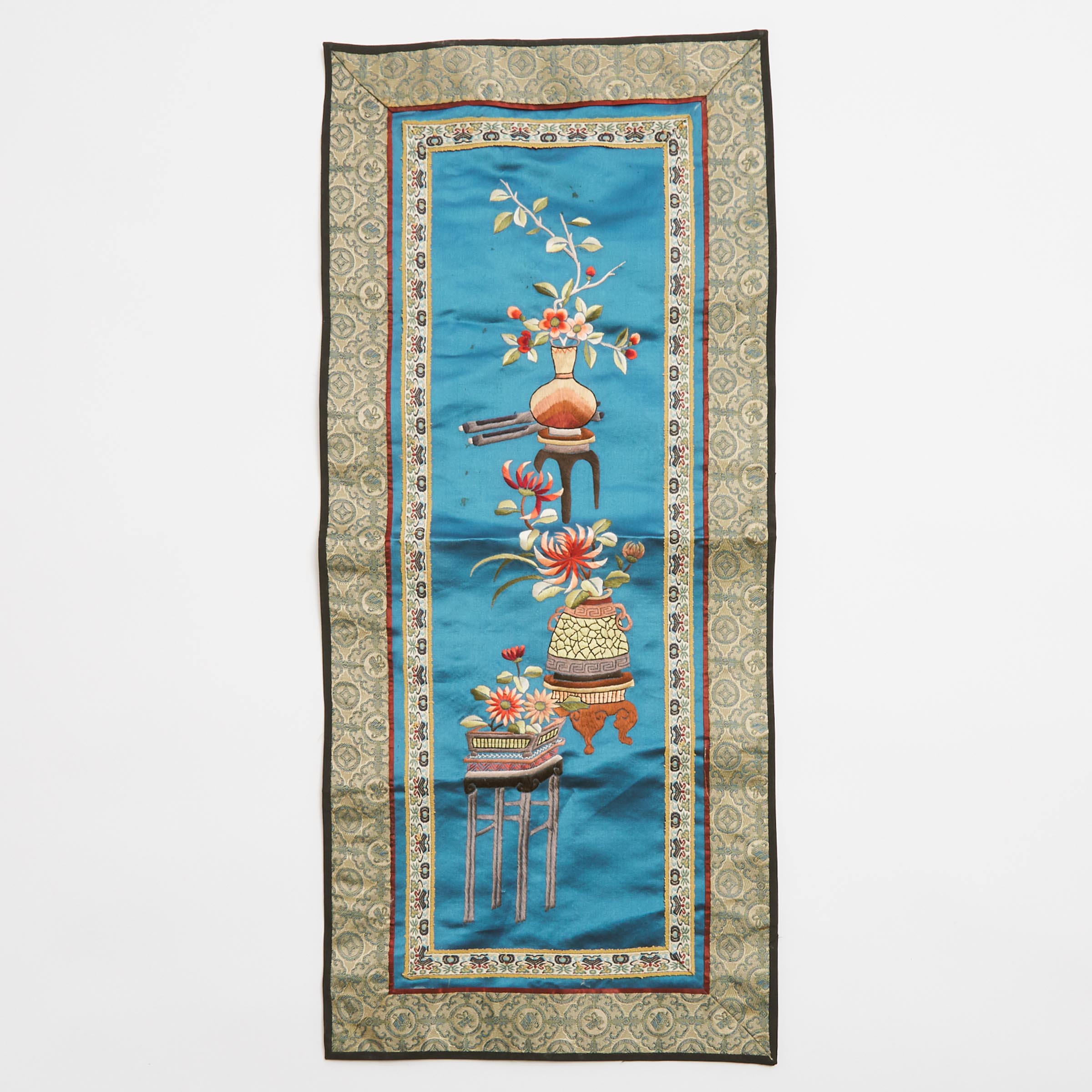 A Chinese Blue Silk Embroidered 'Antiques' Panel