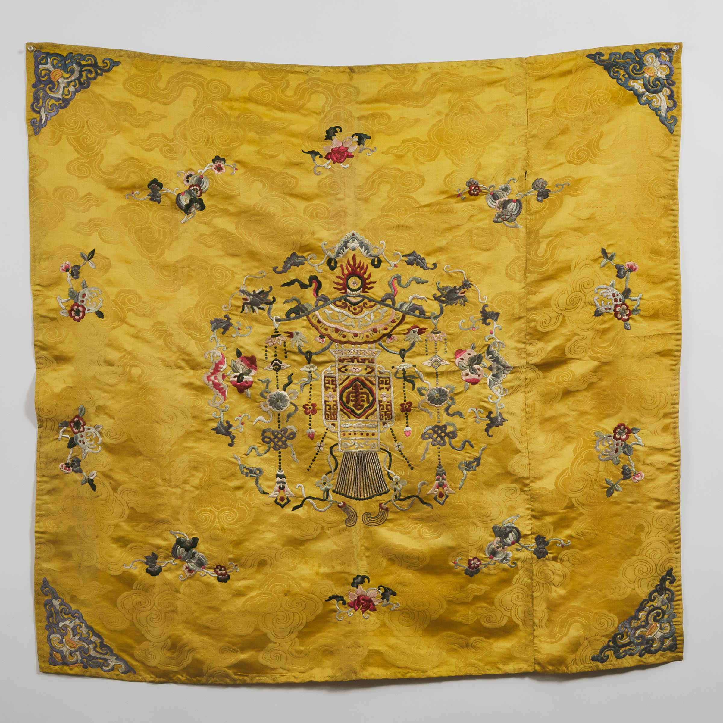 A Chinese Yellow-Ground Embroidered Panel of a Buddhist Lantern, 20th Century