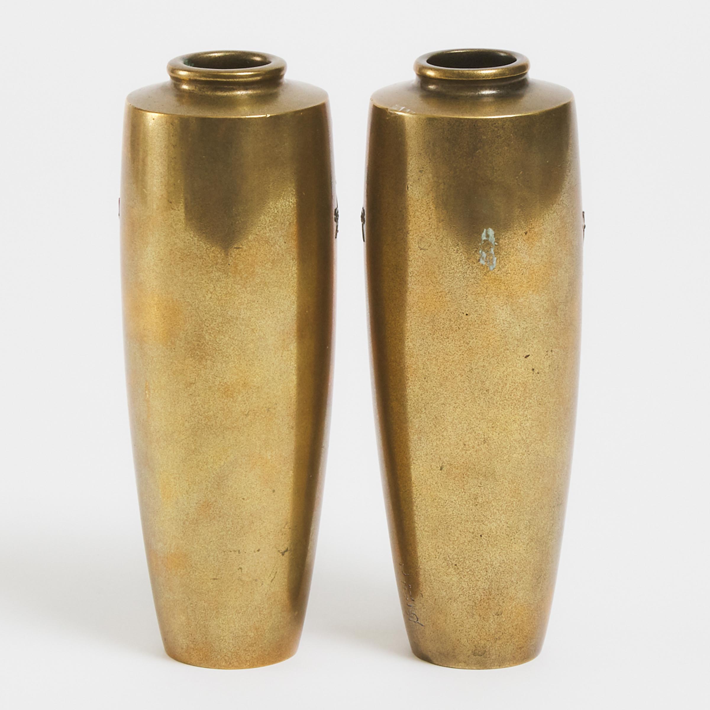 A Pair of Japanese Mixed-Metal Inlaid Bronze Vases, Meiji Period, Late 19th Century