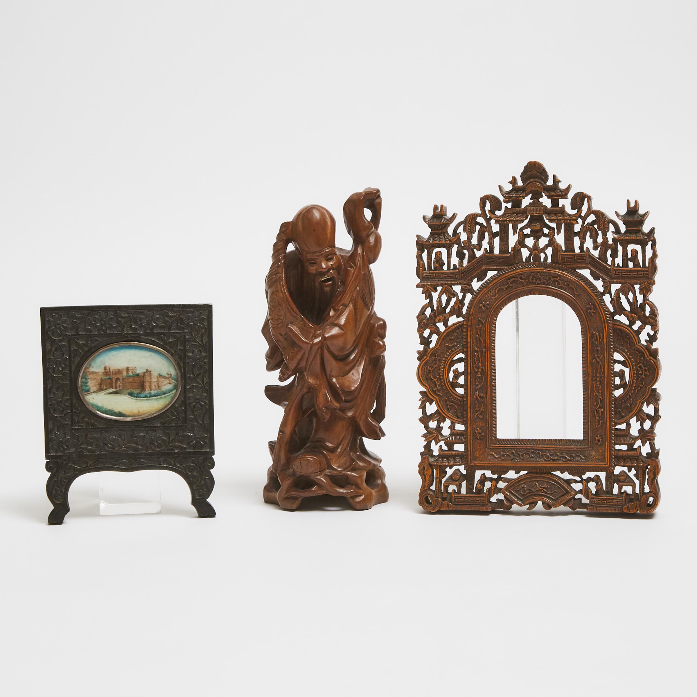 A Framed Company School Miniature Painting on Ivory, India, Together With a Chinese Wood Frame and Figure of Shoulao