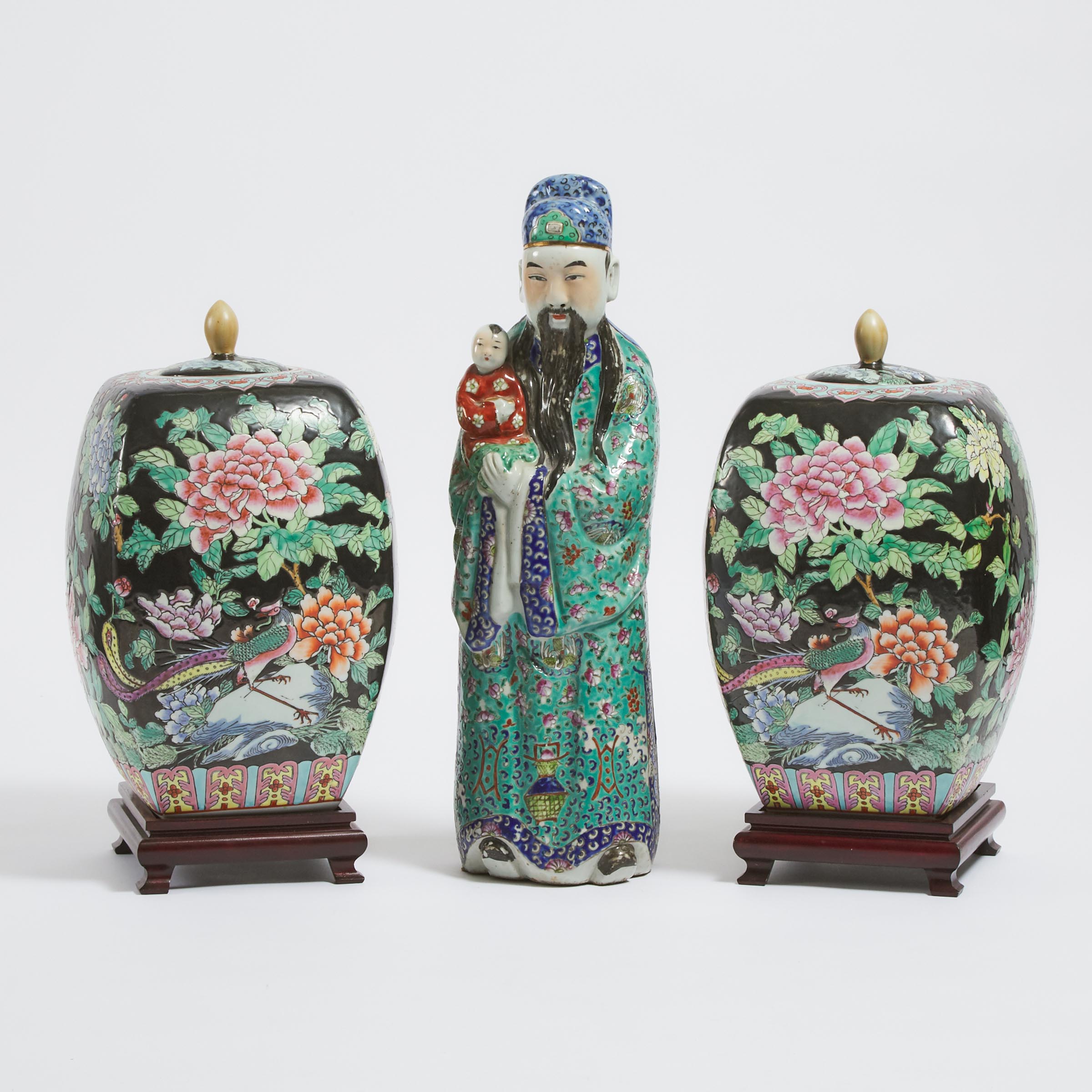 A Famille Rose Figure of Fu Xing, 19th Century, Together With a Pair of Famille Noire Ginger Jars, 20th Century