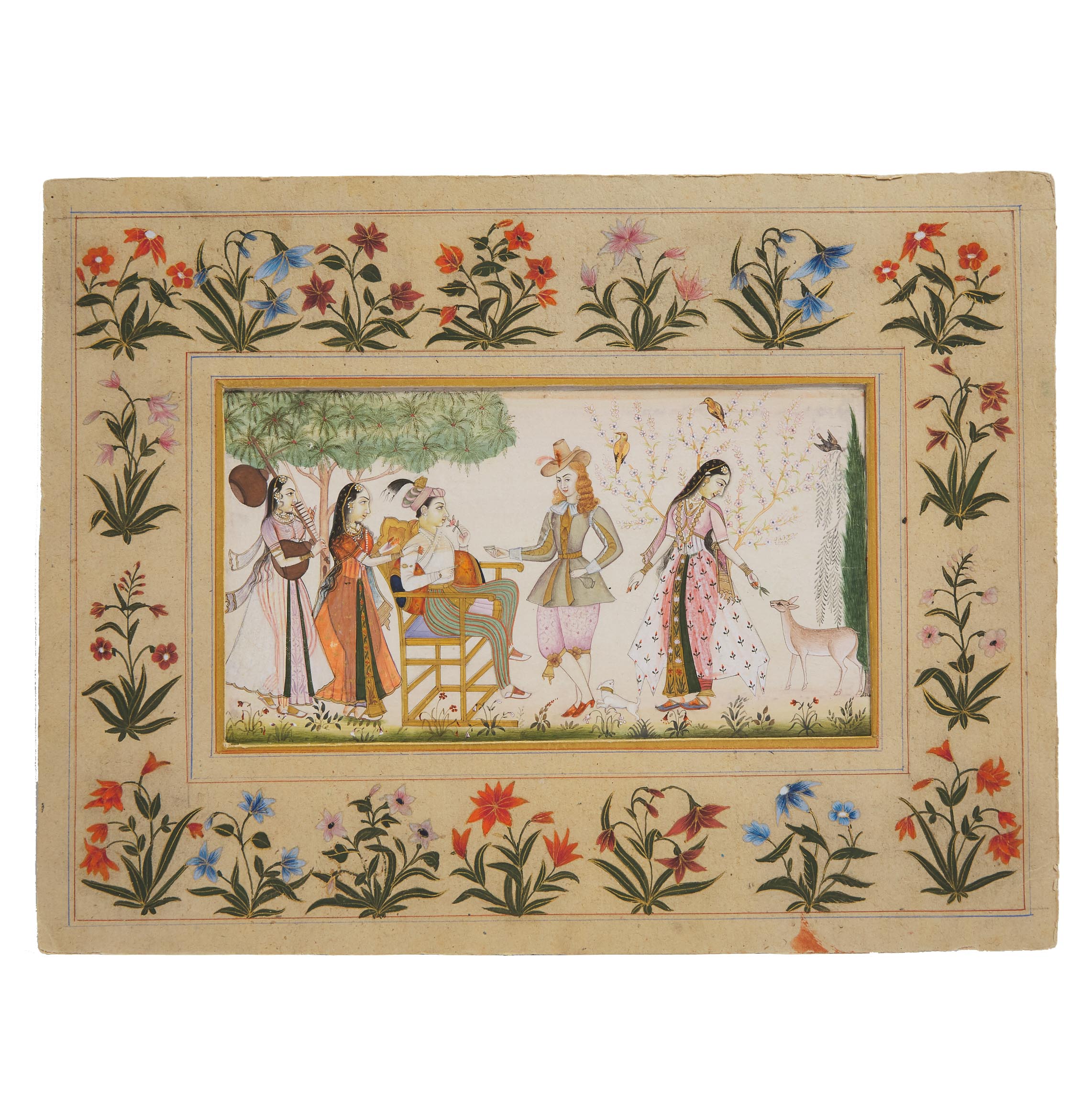An Indian Miniature Painting of a Courtly Scene with a European Dandy, 19th Century or Earlier