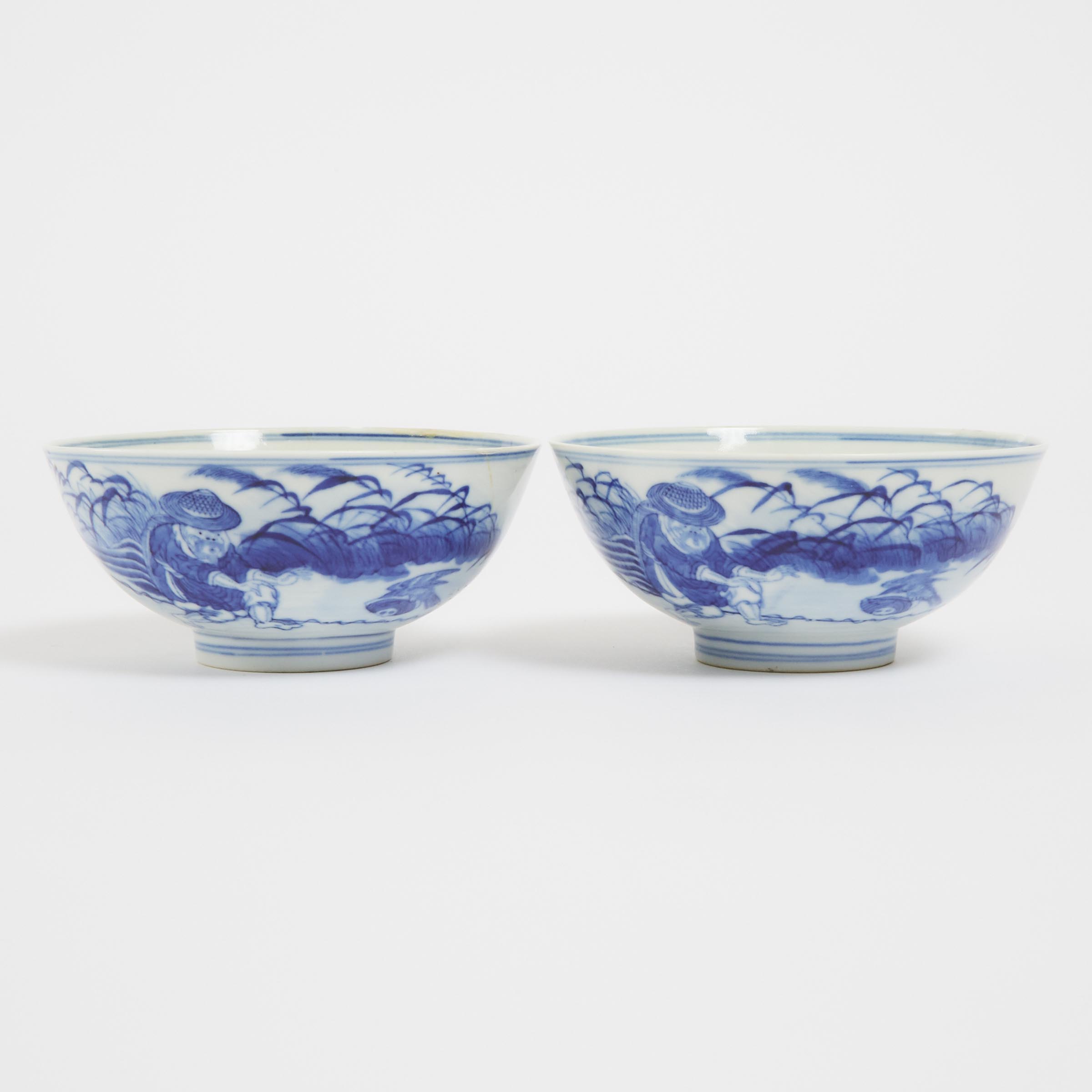 A Pair of Blue and White 'Figural' Bowls, Circa 1920