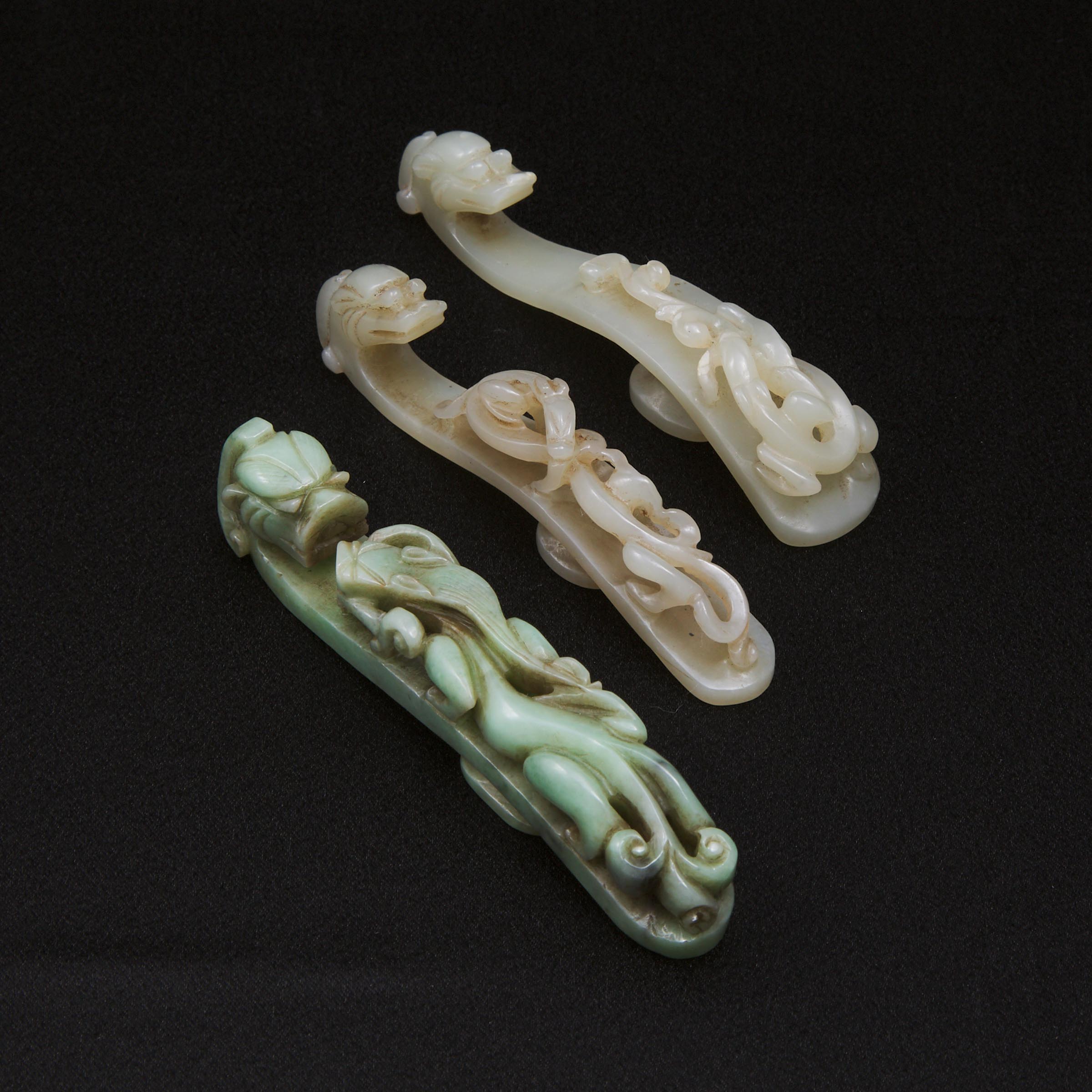 A Jadeite 'Chi Dragon' Belt Buckle, Together With Two Jade Belt Buckles