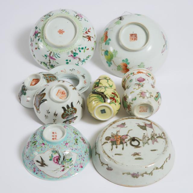 A Group of Seven Chinese Enameled Porcelain Wares, 19th Century and Later