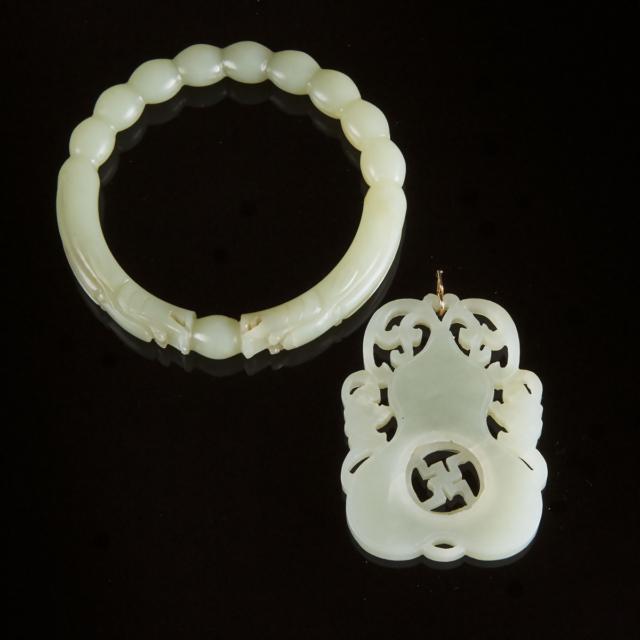 A White Jade Pendant, Together With a Pale Celadon Jade 'Dragon' Bangle, Late Qing Dynasty, 19th/20th Century