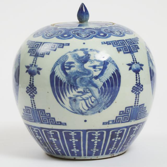 A Blue and White 'Phoenix' Ginger Jar and Cover, Early to Mid 20th Century