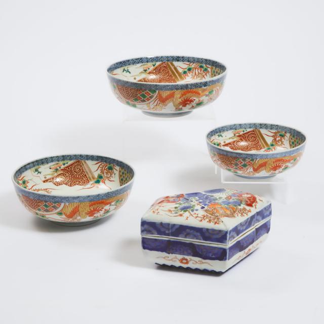 A Set of Three Imari Porcelain Nesting Bowls, Together With an Unusual-Shaped Porcelain Box, Meiji Period, Late 19th/Early 20th Century