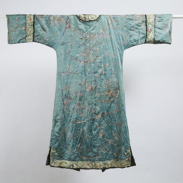A Chinese Blue Ground Silk Embroidered Robe, 19th/20th Century  