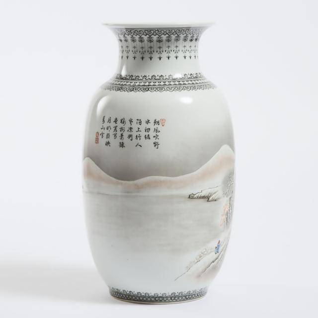 A Chinese Grisaille Enameled 'Winter Landscape' Vase, Jingdezhen Mark, Mid 20th Century