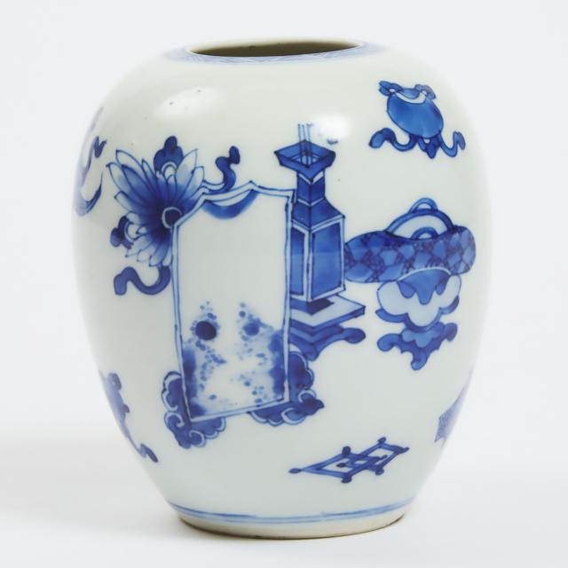 A Blue and White 'Hundred Antiques' Ovoid Jar, Kangxi Period (1662-1722)