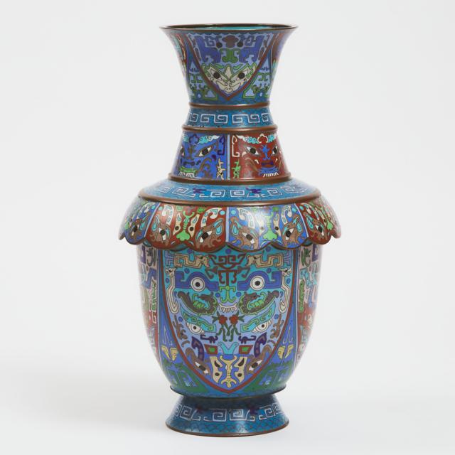A Blue Ground Cloisonné 'Taotie' Vase, 20th Century