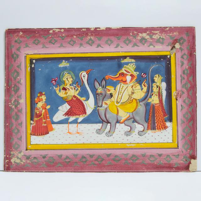 An Indian Miniature Painting of Sarasvati and Ganesh, 18th Century