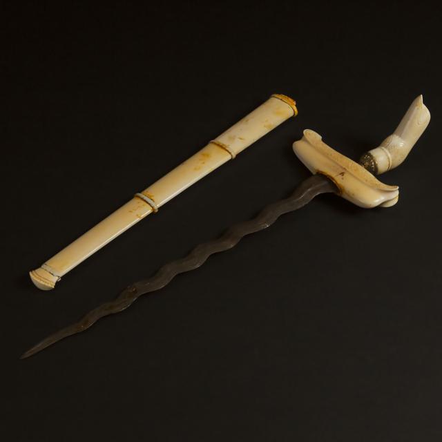 A Balinese Ivory Kris Dagger, Together With a Pair of Bone Carved Figures and a Pair of Soapstone Bookends