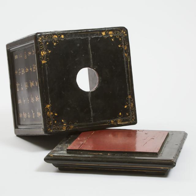 A Black Lacquer Seal/Reliquary Box With Landscapes and Calligraphy, Cyclically Dated 1923