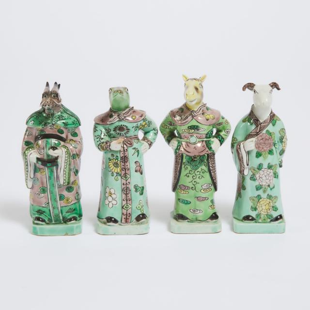 A Complete Set of Twelve Famille Verte Porcelain 'Zodiac' Figures, Late Qing Dynasty