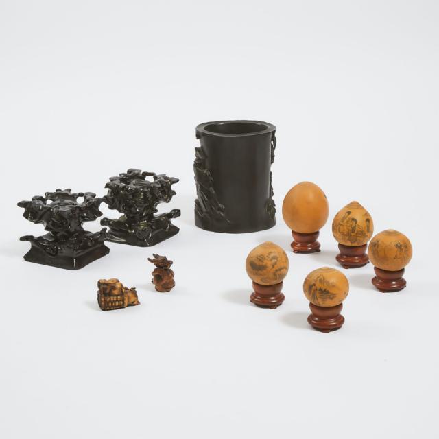 A Chinese Carved Hardwood Brushpot, Together with Five Gourd Carvings, Two Toggles, and a Pair of Stands