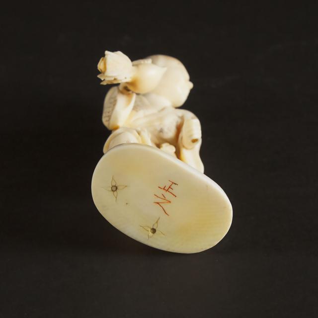 A Japanese Ivory Okimono of a Farmer, Together With Three Southeast Asian Ivory Carvings, Late 19th/Early 20th Century