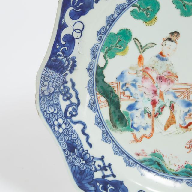 A Chinese Export Blue and White Famille Rose Plate, Late 18th Century