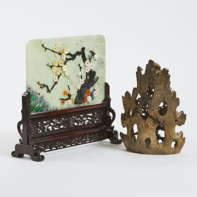 A Chinese Hardstone Inlaid Table Screen, Together With a Soapstone 'Birds and Flowers' Carving, Mid 20th Century
