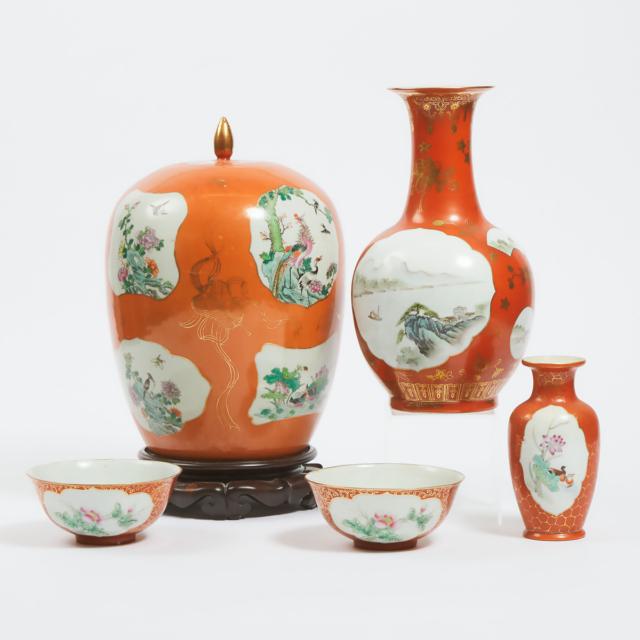 A Group of Five Chinese Coral-Ground Porcelain Wares, Mid 20th Century
