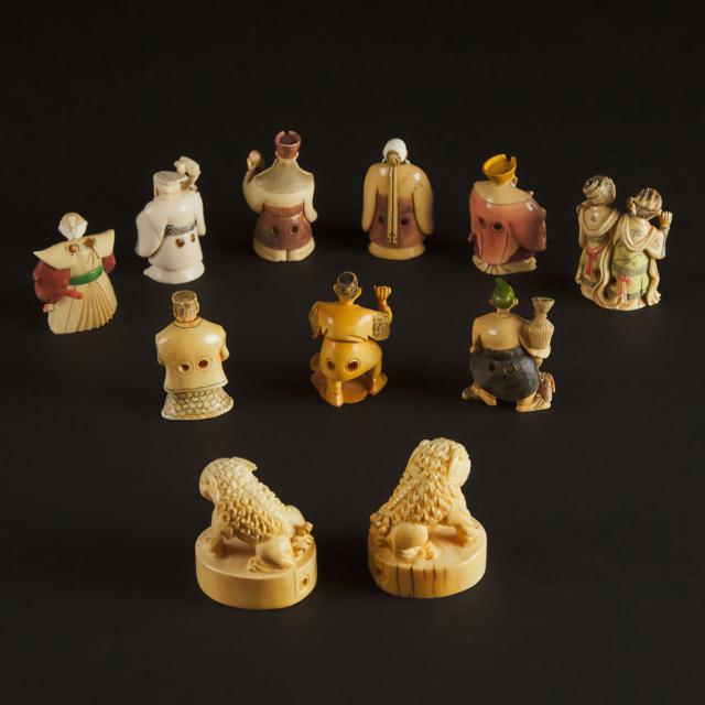 A Group of Nine Ivory Netsuke Figures, Together With a Pair of 'Shishi' Seal Netsuke, Mid 20th Century