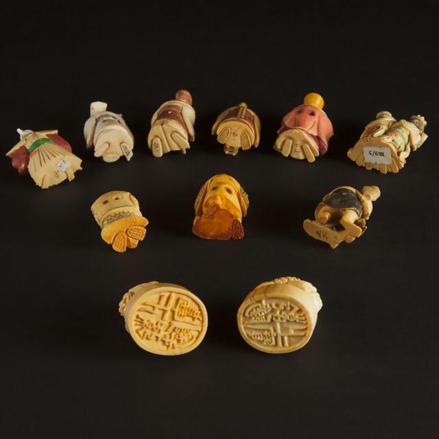A Group of Nine Ivory Netsuke Figures, Together With a Pair of 'Shishi' Seal Netsuke, Mid 20th Century