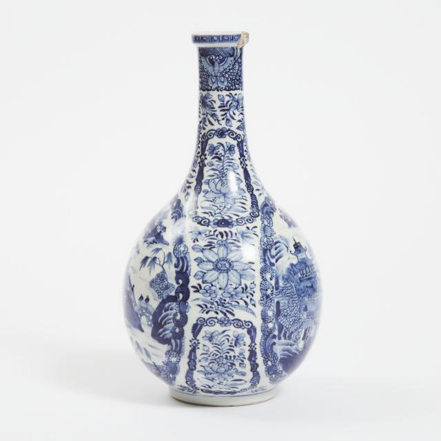 A Chinese Export Blue and White Porcelain 'Landscape' Bottle Vase, 18th Century