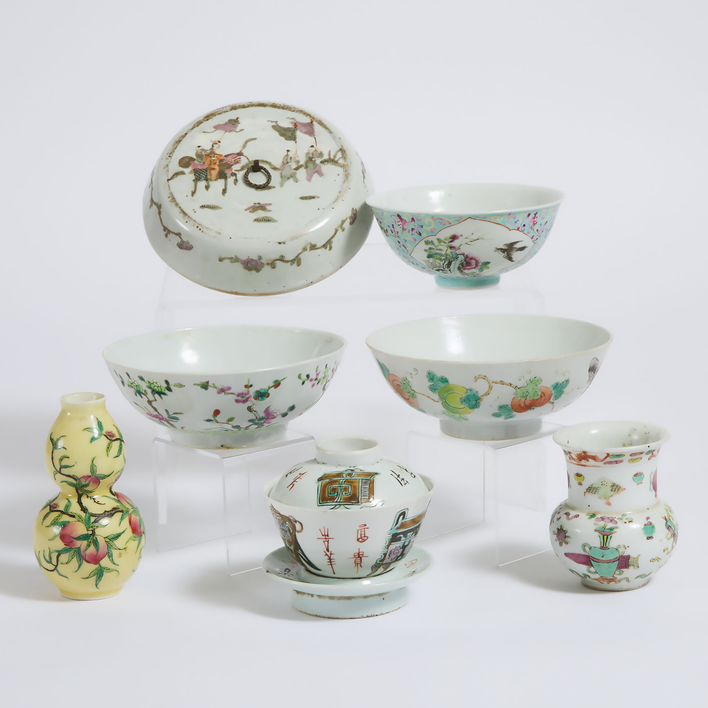 A Group of Seven Chinese Enameled Porcelain Wares, 19th Century and Later