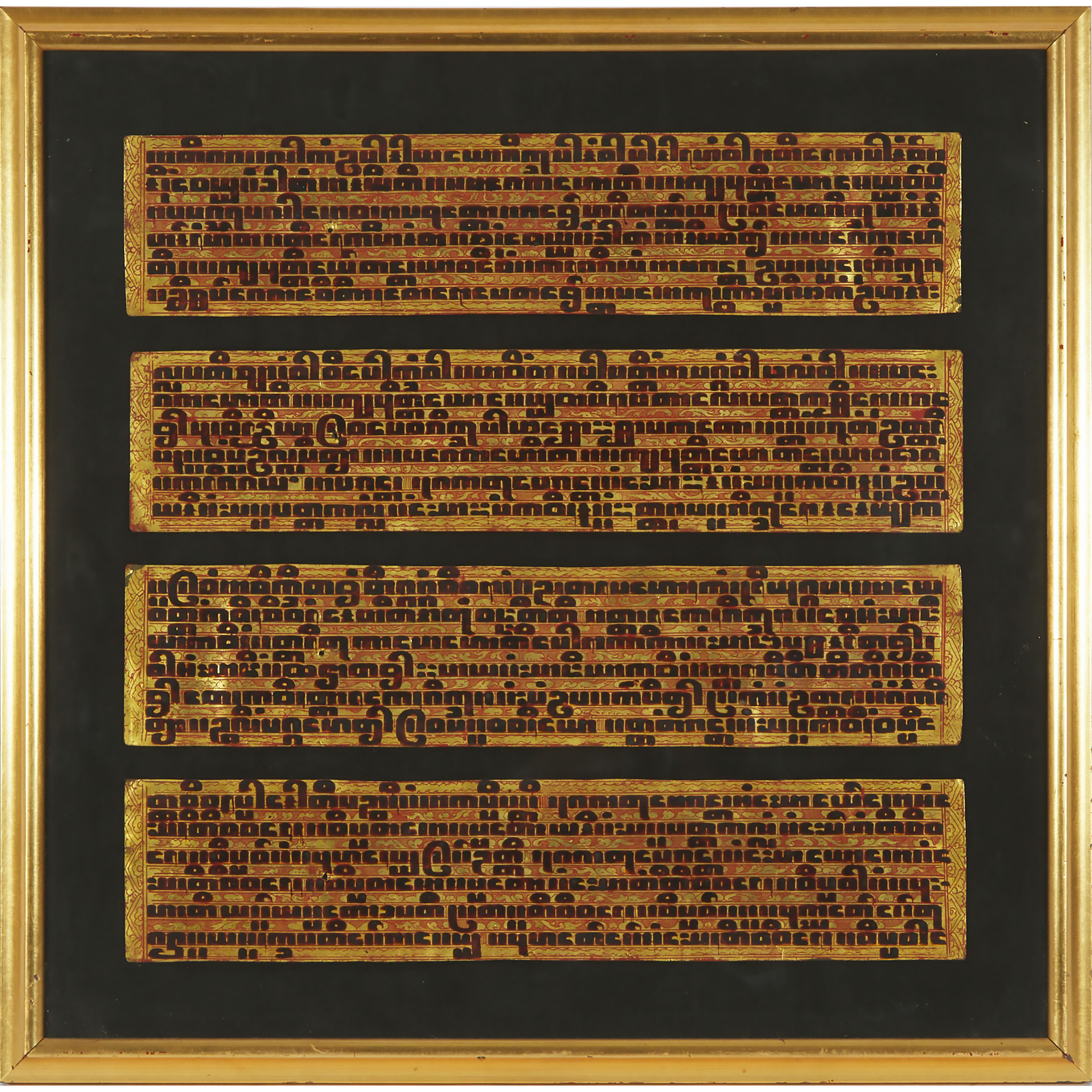A Framed Set of Four Gold Lacquered Burmese Buddhist Manuscripts (Kammavaca), 19th Century