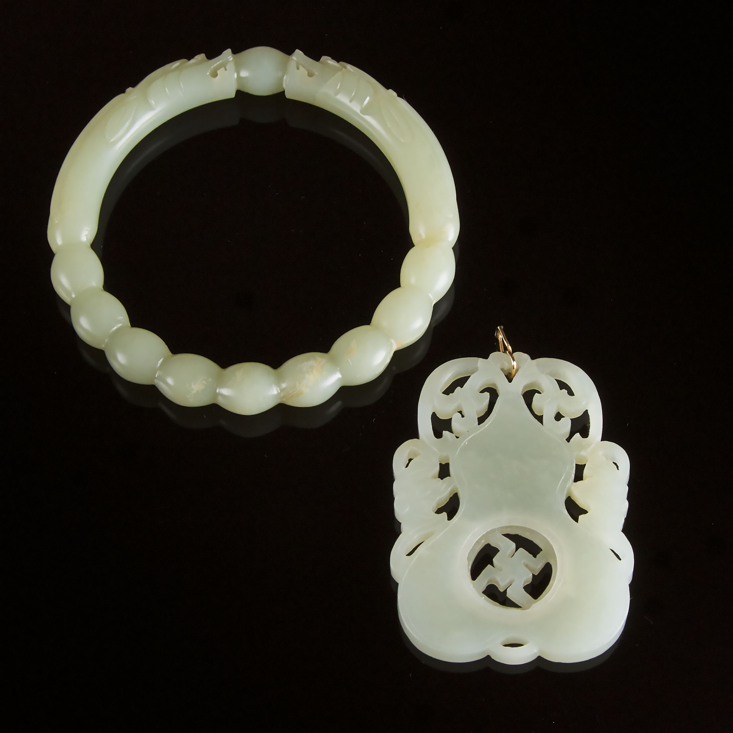A White Jade Pendant, Together With a Pale Celadon Jade 'Dragon' Bangle, Late Qing Dynasty, 19th/20th Century