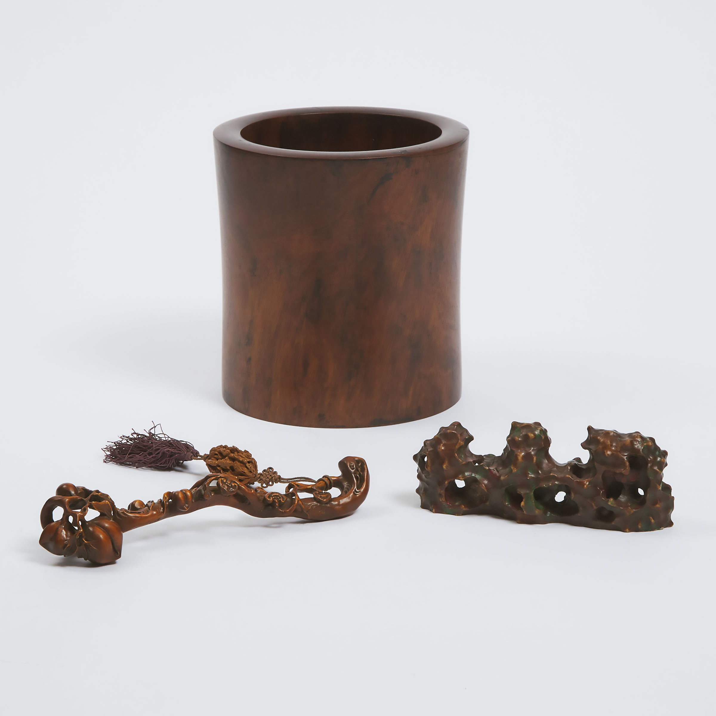 A Huali Brush Pot, Together With a Boxwood Ruyi Sceptre and a Stone Brush Rest